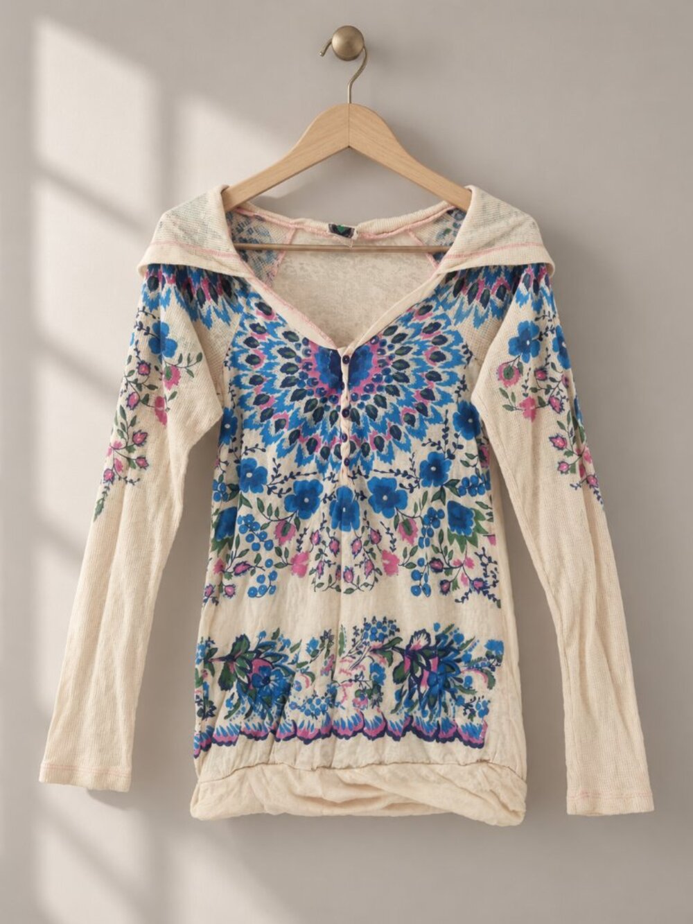 Free People, Vintage Waffle Knit Hoodie, Y2K Floral Ivory Blue & Pink, Size S